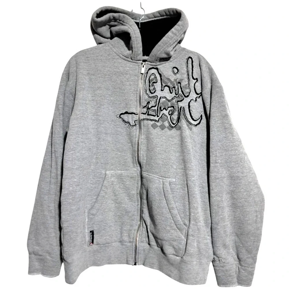 Quiksilver Zip Up Hoodie Boys XL Vtg Y2K Gray‎ Waffle Knit Sherpa Lined Graphic
